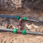 Magnetventil mit Steuerkabel zwischen zwei Bewässerungsleitungen in einem offenen Graben