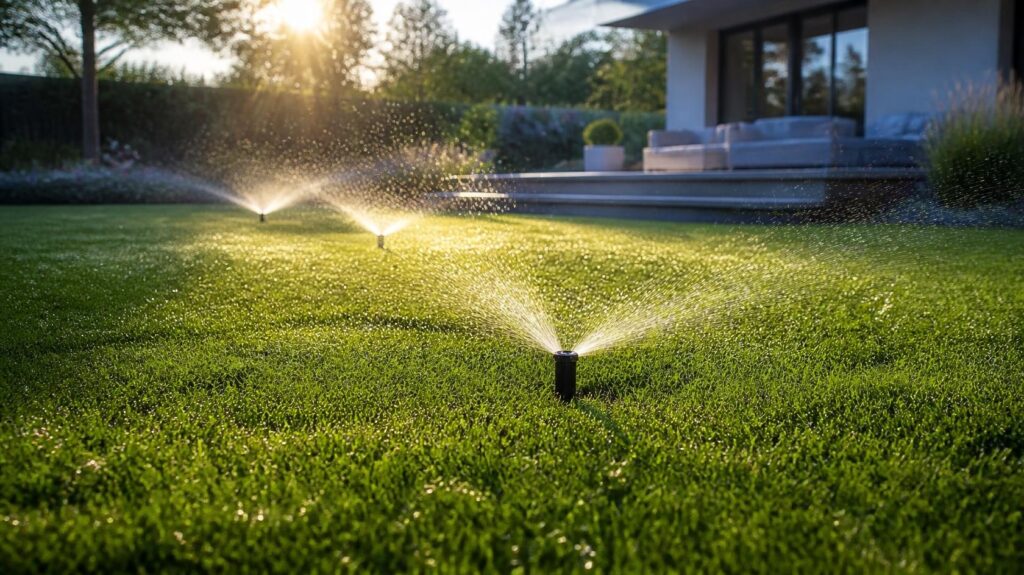 Automatische Rasenbewässerung: Versenkregner bewässern einen sattgrünen Rasen im Morgenlicht vor einem Einfamilienhaus