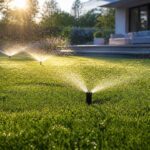 Automatische Rasenbewässerung: Versenkregner bewässern einen sattgrünen Rasen im Morgenlicht vor einem Einfamilienhaus