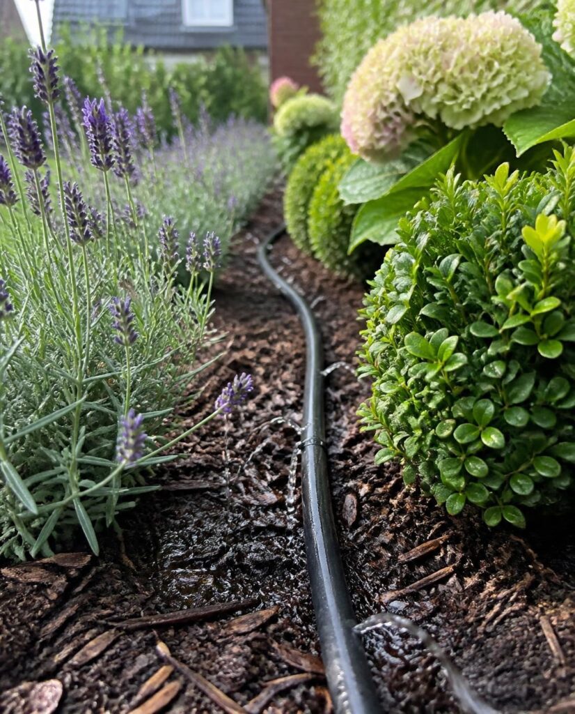 Tropfschlauch einer Tropfbewässerung verläuft durch ein gepflegtes Beet mit Lavendel, Buchs und Hortensien
